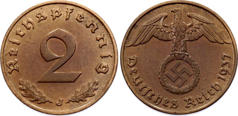 Germany - Third Reich 2 Reichspfennig 1937 J

KM# 90; Bronze; Key date