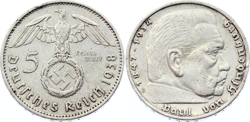 Germany - Third Reich 5 Reichsmark 1938 E

KM# 94; Silver