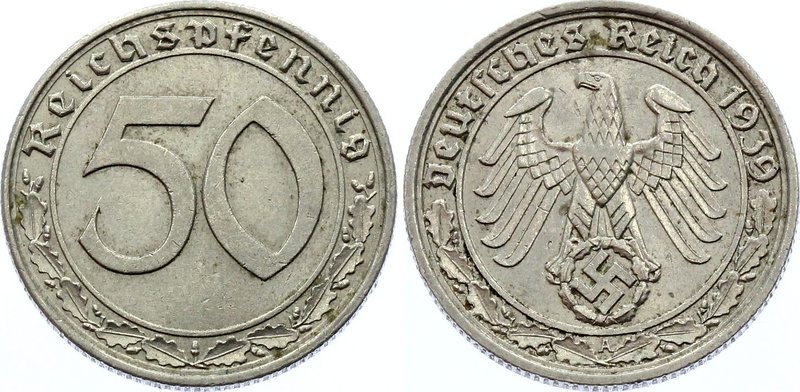 Germany - Third Reich 50 Reichspfennig 1939 A

KM# 95; Nickel; Rare