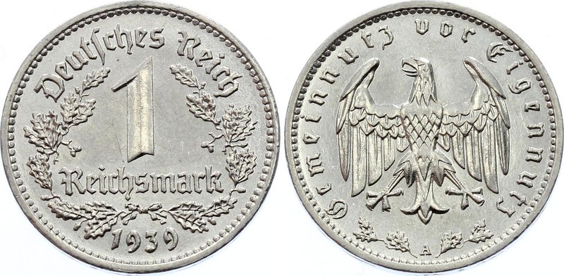 Germany - Third Reich 1 Reichsmark 1939 A

KM# 78; Nickel; Key date; AUNC