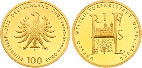 Germany 100 Euro 2003 F

KM# 228; Gold (.999) 15.55g 28.00mm; Proof; UNESCO World Heritage - Quedlinburg; With Original Box & Certificate