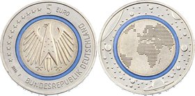Germany 5 Euro 2016 F

KM# 348; Planet Earth; Tri-Material Copper-nickel center (81%Cu/19%Ni) in blue Polymer inner ring and Copper-nickel outer rin...