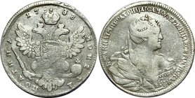 Russia Poltina 1738 Rare

Bit# 213 (R); Ilyn 3 rub; Petrov 3 rub; Minage 175000 pcs; "Moscow type"; Silver; Edge netlike; VF