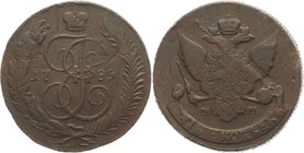 Russia 5 Kopeks 1789 MM RRR

Bit# 529 R2; 15 Roubles Petrov; 25 Roubles Ilyin; Copper 51,6g.; Red mint; Netted edge; Overstrike; Natural patina and ...