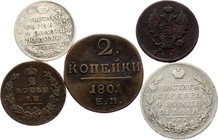 Russia Lot of 5 Coins 1801 - 1818

Interesting lot of Silver and Copper coins. 1 Rouble 1814, Poltina 1818, 2 Kopeks 1811 & 1801. F-VF.