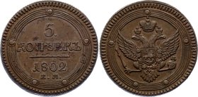 Russia 5 Kopeks 1802 EM

Bit# 283; Copper; Yekaterinburgh mint; Edge - rope; Natural cabinet patina; Pleasant colour The coin is from old collection...