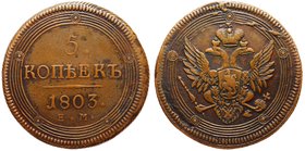 Russia 5 Kopeks 1803 EM

Bit# 287; Type 1806; Copper 54.18g 43mm; XF