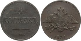 Russia 5 Kopeks 1837 CM R

Bit# 677 R; 1 Roubles Petrov; 1 Roubles Ilyin; Copper 20,76g.; Very rare