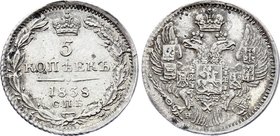 Russia 5 Kopeks 1838 СПБ НГ

Bit# 391; Silver; UNC; Mint lustre; Natural light grey patina; Rare in that high condition The coin is from old collect...