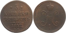 Russia 3 Kopeks 1842 CM RR

Bit# 725 R1; 3 Roubles Ilyin; Copper 35,4g.; Suzun mint; Plain edge; Natural patina and colour; Overweight; Rare; Attrac...
