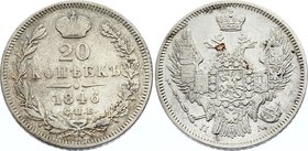 Russia 20 Kopeks 1846 СПБ ПА

Bit# 331; Silver, VF