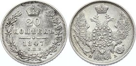 Russia 20 Kopeks 1847 СПБ ПА

Bit# 332; Silver, XF