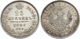 Russia 25 Kopeks 1848 СПБ HI

Bit# 298; Silver, AUNC with light scratches.