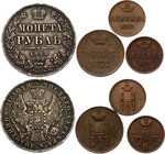 Russia Lot of 4 Coins 1849 - 1852

Nice lot of 4 Coins in collectable conditions. 1 Rouble 1849, Denezhka 1851, 1856 and Kopek 1852