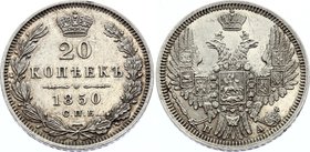 Russia 20 Kopeks 1850 СПБ ПА

Bit# 338; Silver, AUNC-UNC, pleasant patina, mint luster.