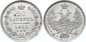 Russia 20 Kopeks 1851 СПБ ПА

Bit# 340; Silver, UNC