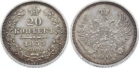 Russia 20 Kopeks 1855 СПБ HI

Bit# 346; UNC; Old cabinet patina with underlying lustre; Attractive collectible sample The coin is from old collectio...