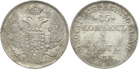 Russia - Poland 15 Kopeks - 1 Zloty 1836 НГ "ДЕ" RRRR

Bit# 1117 R3; Silver 3,05g.; AUNC/UNC; Mint lustre; Letters "ДЕ" above the eagle; Very rare; ...