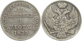 Russia - Poland 15 Kopeks - 1 Zloty 1839 MW

Bit# 1120; Silver 3,07g.