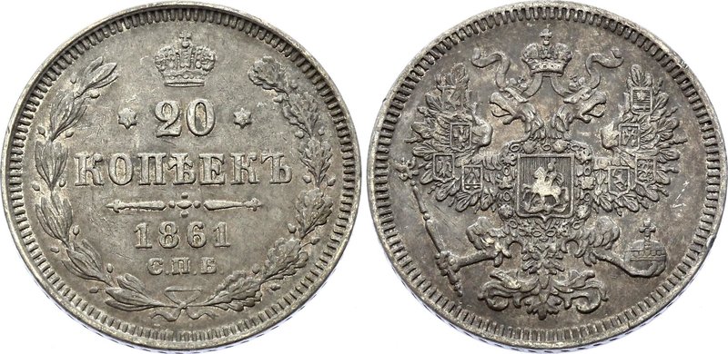 Russia 20 Kopeks 1861 СПБ

Bit# 288; Silver, XF
