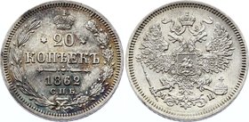Russia 20 Kopeks 1862 СПБ МИ

Bit# 175; Silver, UNC-, Amazing Patina.