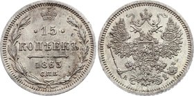 Russia 15 Kopeks 1863 СПБ АБ

Bit# 188; Silver 2.99g
