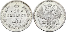 Russia 20 Kopeks 1868 СПБ HI

Bit# 216; Silver 3.40g; XF