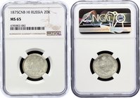 Russia 20 Kopeks 1875 СПБ HI NGC MS 65

Bit# 226; Silver