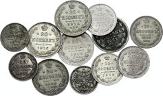 Russia Lot of 12 Silver Coins 1877 - 1916

Silver; Different Dates & Denominations
