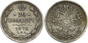 Russia 20 Kopeks 1878 СПБ НФ

Bit# 231; Silver, XF