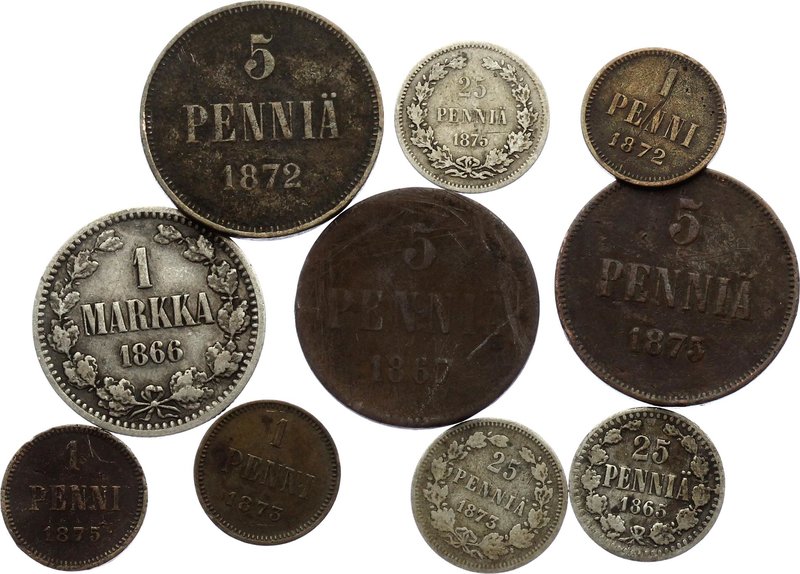 Russia - Finland Nice Lot of 10 Coins 1866 - 1875

1, 5, 25 Pennia 1 Markka 18...