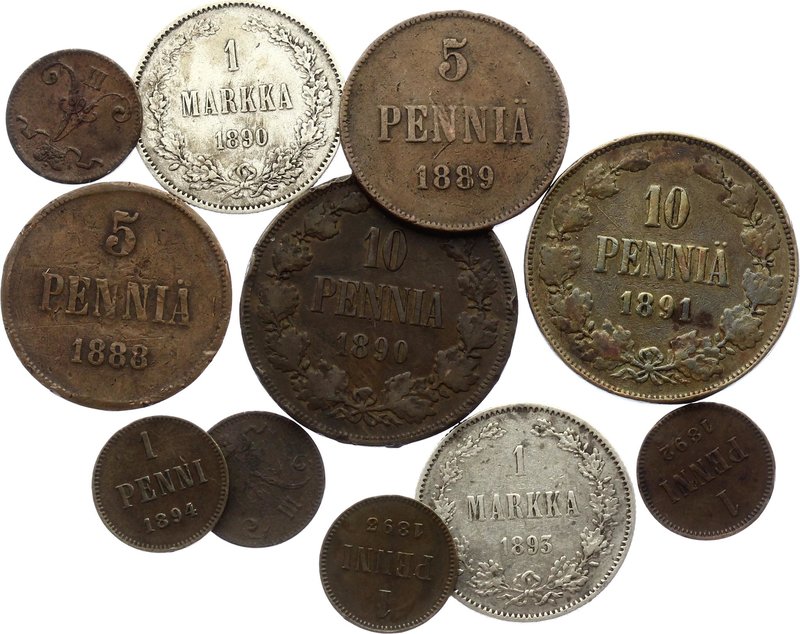 Russia - Finland Nice Lot of 11 Coins

1, 5, 10 Pennia 1 Markka 1882-1893; Wit...