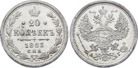 Russia 20 Kopeks 1883 СПБ АГ

Bit# 102; UNC; Deep mint lustre; Very rare in that high condition; Amazing collectible sample The coin is from old col...