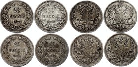 Russia - Finland Full Set of 4 Coins 25 Pennia 1889 - 1894 L

Silver