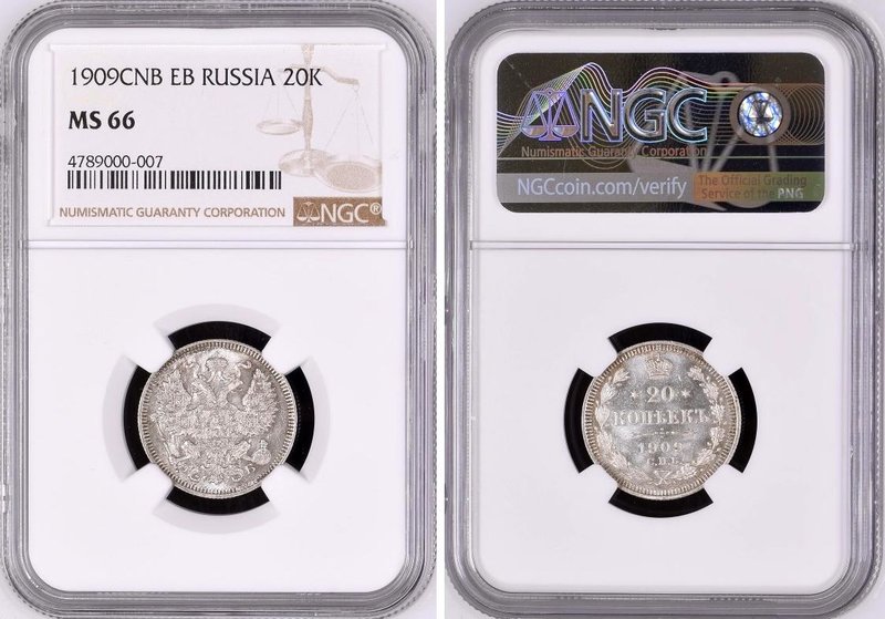 Russia 20 Kopeks 1909 СПБ EB NGC MS 66

Bit# 109; Silver; Edge ribbed