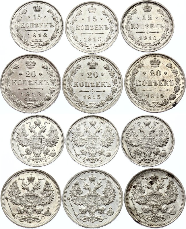 Russia 15-20 Kopeks 1913 - 1916 СПБ BC

Lot of 6 UNC Silver coins.