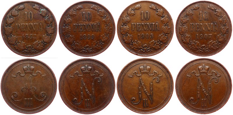 Russia - Finland Lot of 4 Coins 10 Pennia 1891 - 1907

Bit# 245; # 427; # 429;...