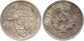 Russia - USSR 20 Kopeks 1933

Y# 97; Copper-Nickel 3.81g; UNC. Very Rare in this grade