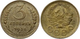 Russia - USSR 3 Kopek 1936

Y# 100; Aluminium-bronze 3g; UNC