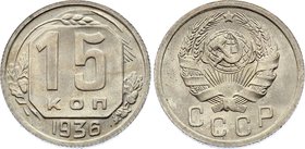 Russia - USSR 15 Kopeks 1936

Y# 103; Copper-Nickel 2,66g; UNC Beautiful Coin in a High Grade
