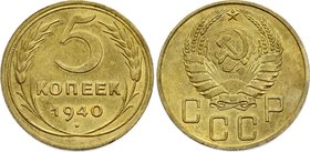 Russia - USSR 5 Kopeks 1940

Y# 108; Aluminium-Bronze 5.12g; Mint Luster Remains; Rare