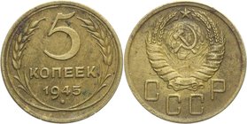 Russia - USSR 5 Kopeks 1945 Key Date

Y# 108; Aluminium-Bronze 4,95g.
