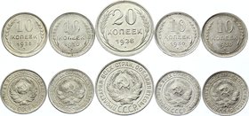 Russia - USSR Lot of 5 Silver Coins

10 Kopeks 1928, 1930, 20 Kopeks 1928; Silver