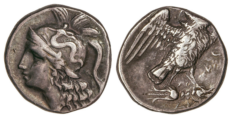 Dracma. 302-281 a.C. TARENTO. CALABRIA. Anv.: Cabeza de Athena con Skylla. Rev.:...