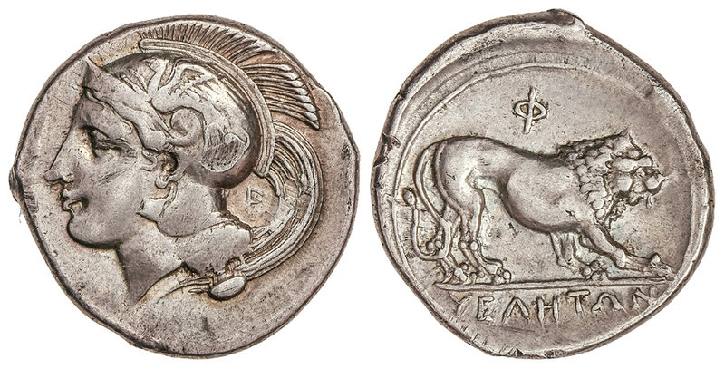Didracma. 340-334 a.C. VELIA. LUCANIA. Anv.: Cabeza de Atenea a izquierda con ca...