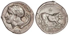 Didracma. 340-334 a.C. VELIA. LUCANIA. Anv.: Cabeza de Atenea a izquierda con casco laureado y alado. Rev.: León a derecha, caminando sobre ¶y debajo ...