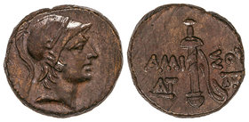 AE 20. MITHRADATES VI. AMISOS. PONTOS. Anv.: Cabeza de Ares con casco a derecha. Rev.: Espada atravesando leyenda. 8,10 grs. CNG Vol.7-241 Var. EBC-.