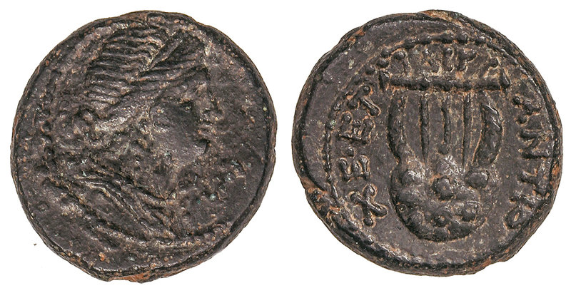 AE 16. 65-66 d.C. SELEUCIS y PIERIA. Anv.: Busto diademado de Artemis a derecha....