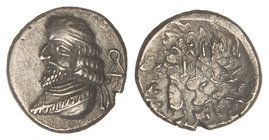 Hemidracma. Siglo I a.C.-I d.C. VAHSIR (OXATHRES). REINO DE PERSIS. Anv.: Busto diademado a izquierda, símbolo detrás. Rev.: Rey a izquierda sostenien...