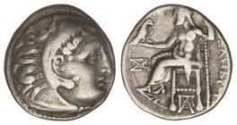 Dracma. 336-323 a.C. ALEJANDRO MAGNO. INCIERTA. Anv.: Cabeza de Hércules con piel de león a derecha. Rev.: Zeus entronizado a izquierda, detrás leyend...